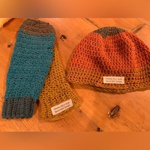 Handmade crocheted fingerless gloves and hat